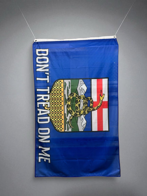 Alberta Flag with 'Don't Tread on Me' text on a gray background