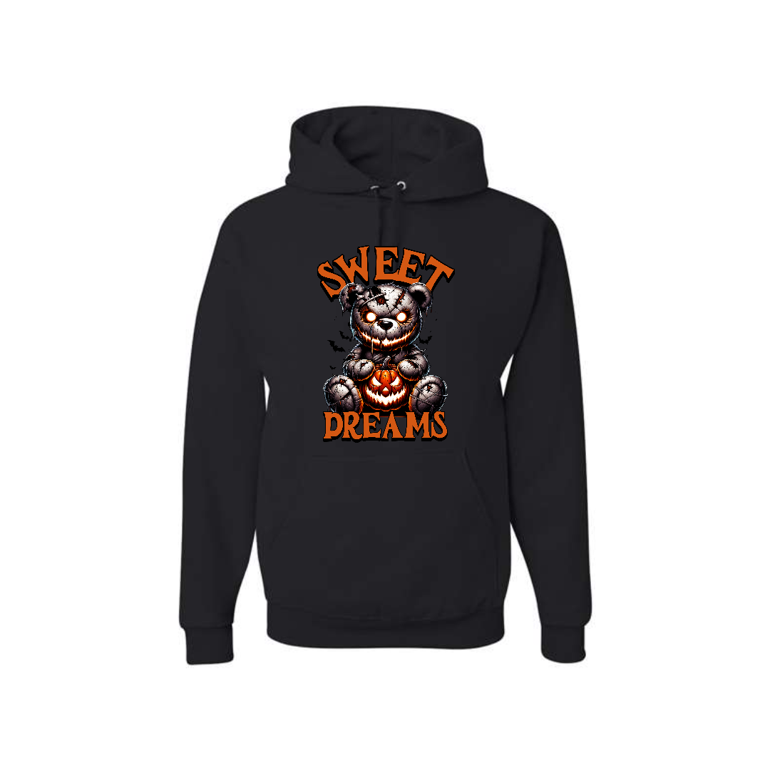 Black "Sweet Dreams" hoodie showing the crisp, high-quality DTF slogan graphic in close-up detail.