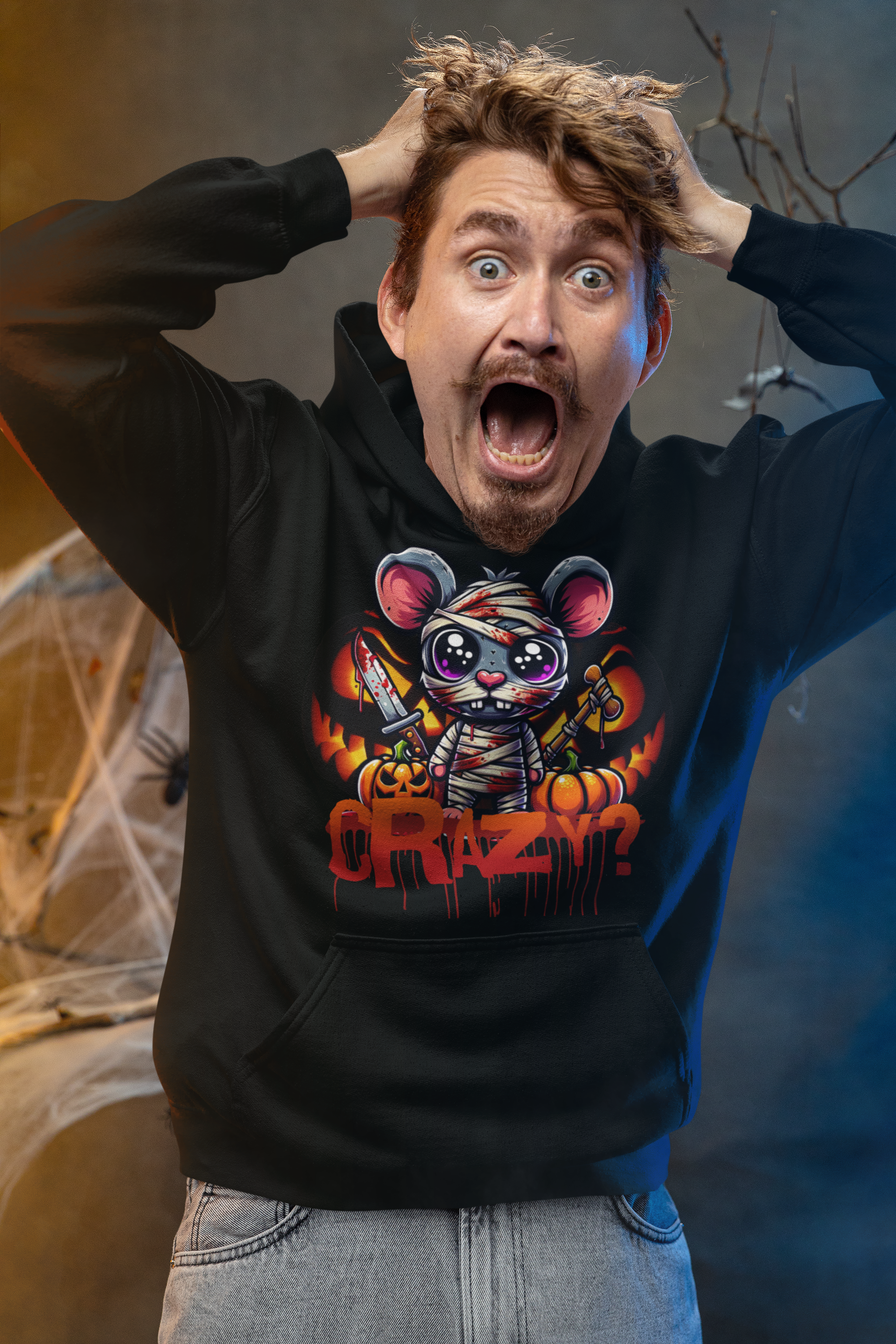 Person wearing a hoodie with a graphic design and text, standing against a dark background. Crazy? I Was Crazy Once Hoodie – Horrorcore Graphic Sweatshirt by Shady Shit Clothing Co.