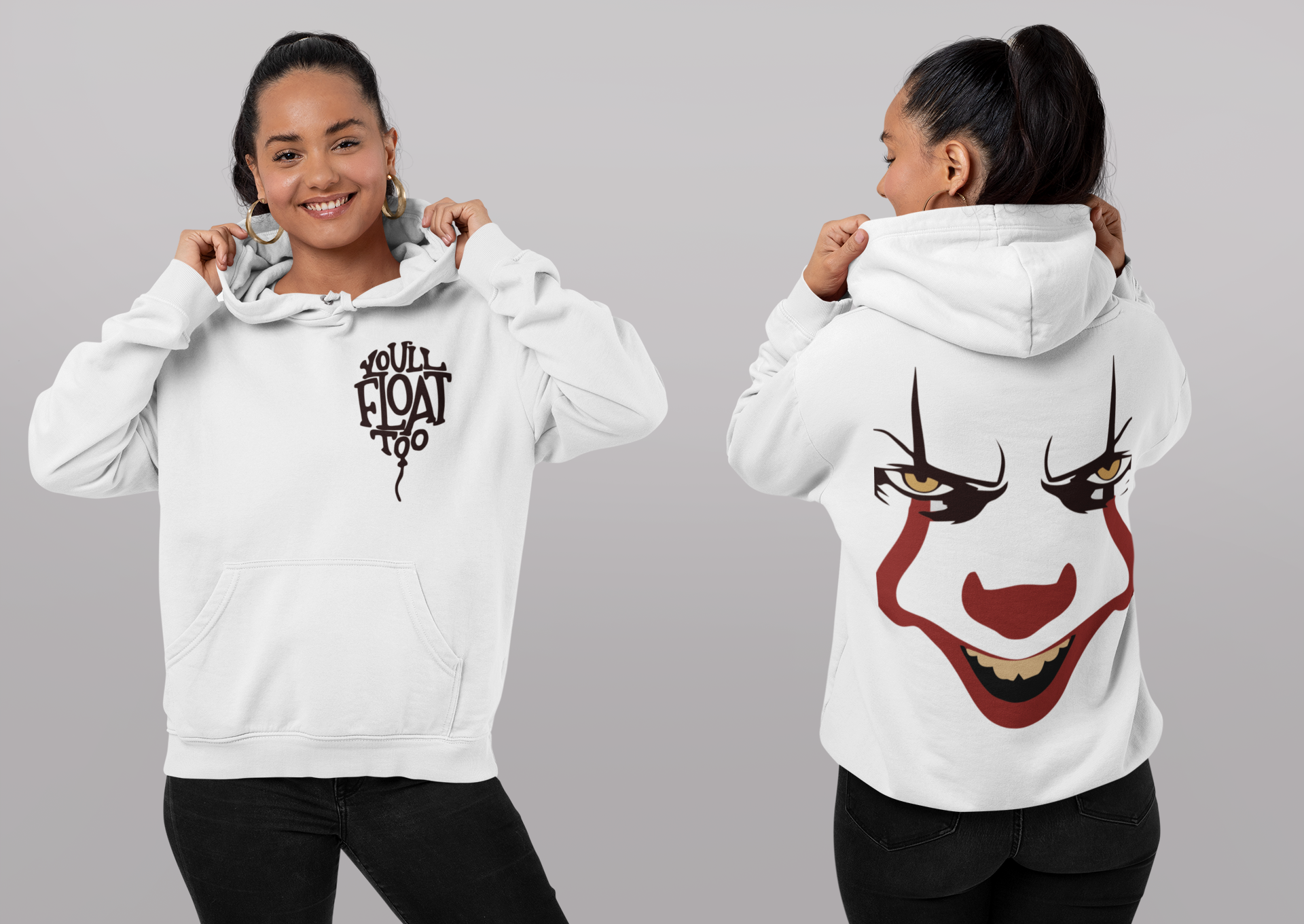 Person wearing a white hoodie with a clown design on the back, standing against a gray background.