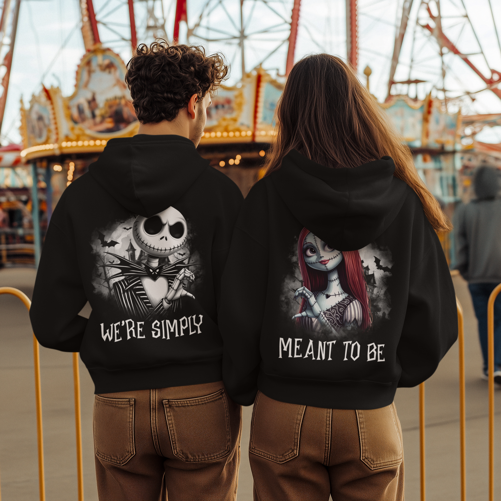Nightmare Before Christmas couples hoodie featuring Jack and Sally in bold graphic design