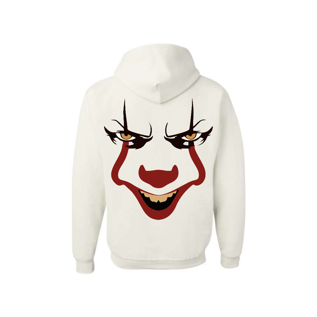 White hoodie with a Pennywise clown face design on a white background