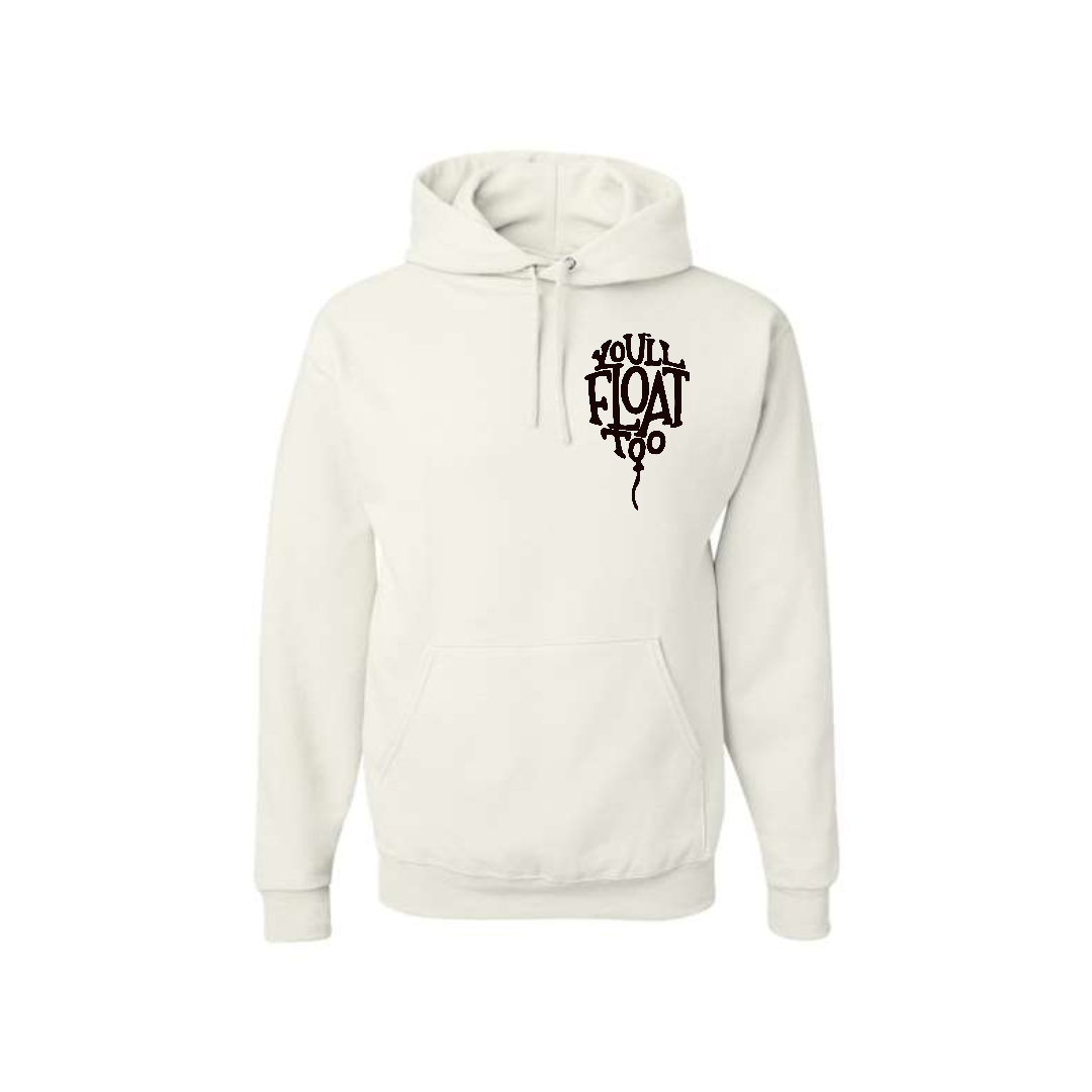 White hoodie with black text design of a Balloon with words on a white background
