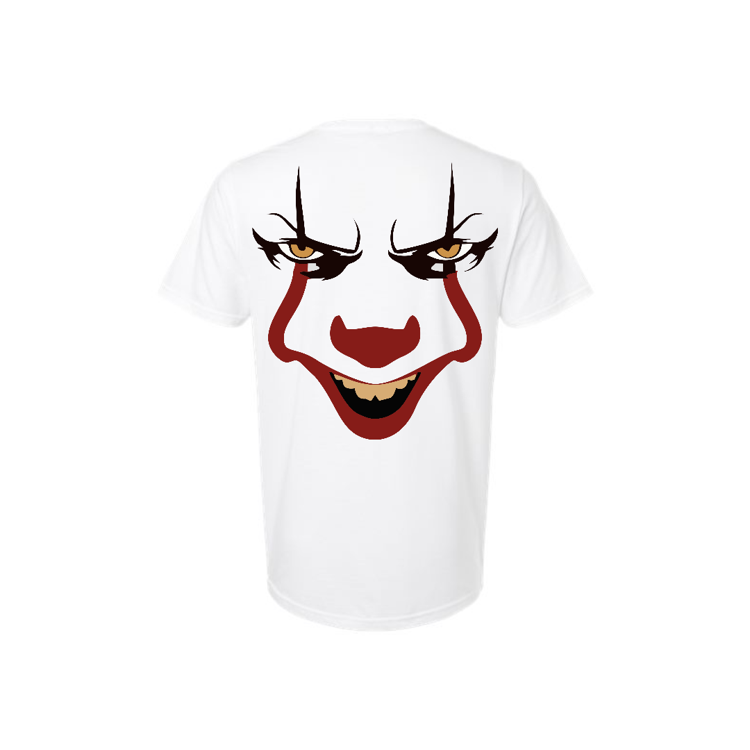 White t-shirt with a Pennywise face design on a white background