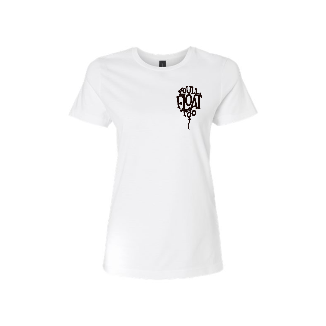 White t-shirt with black text design on a white background