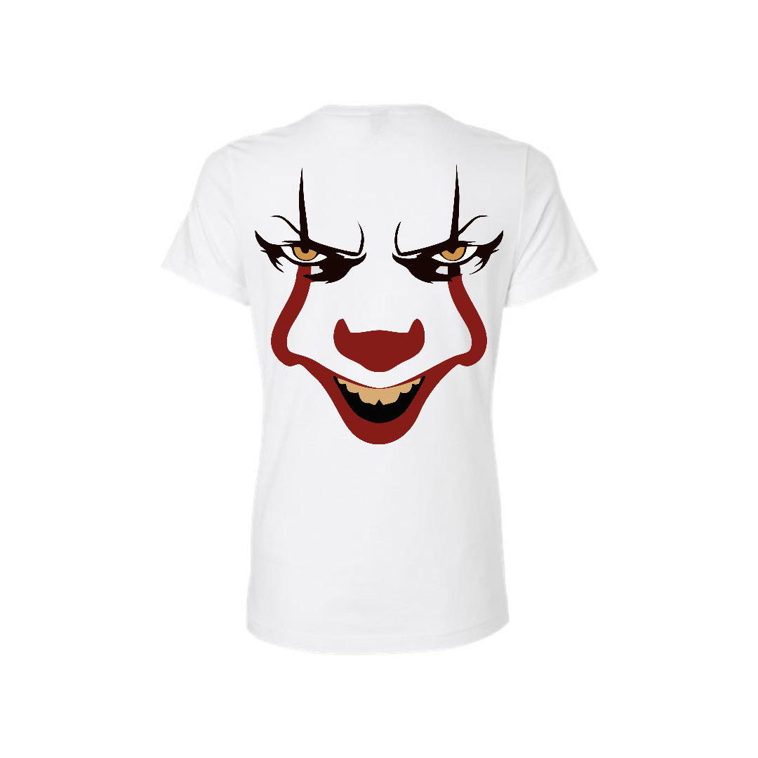 White t-shirt with a clown face design on a white background