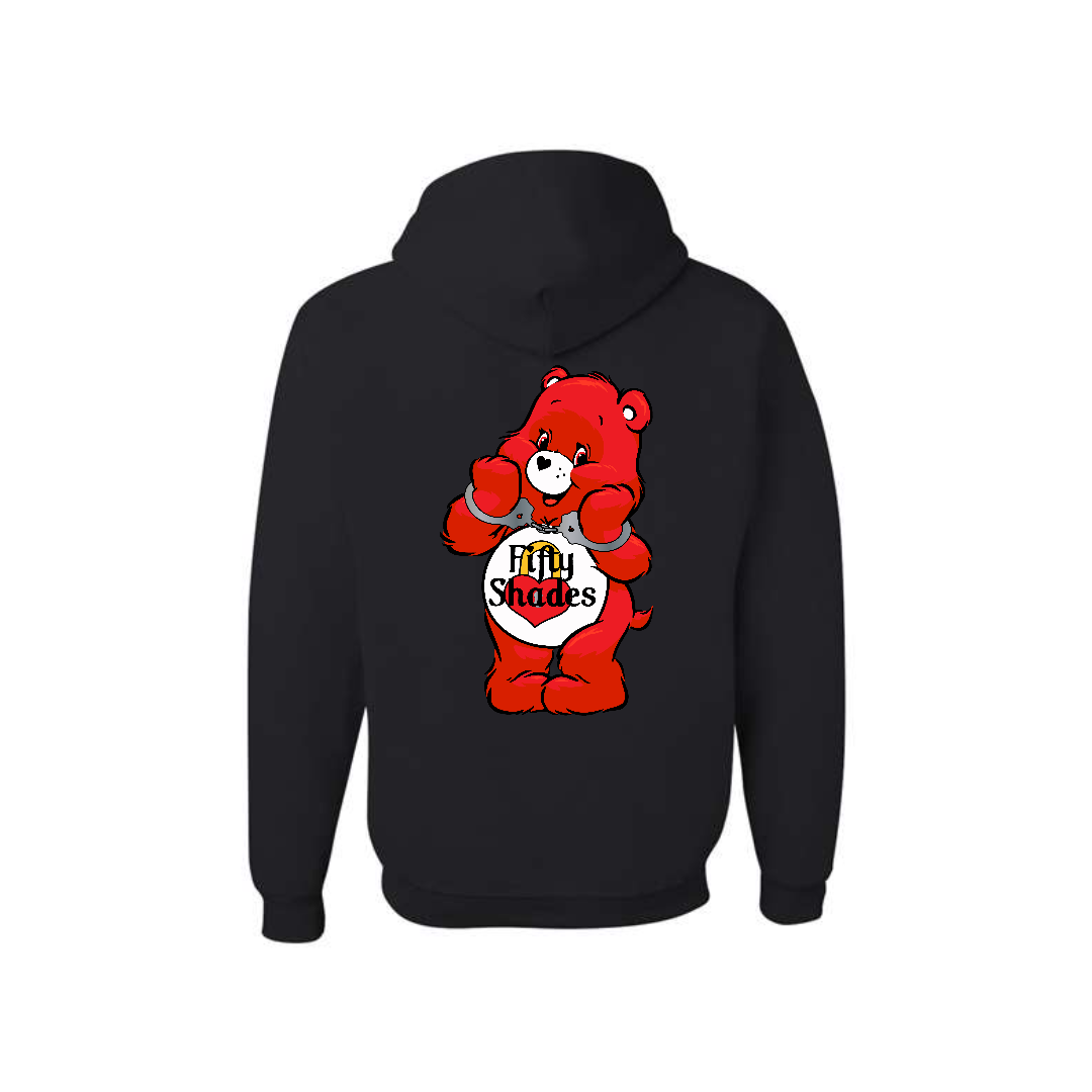 Black hoodie with a red bear graphic and ' fifty shades' text on the back, on a white background