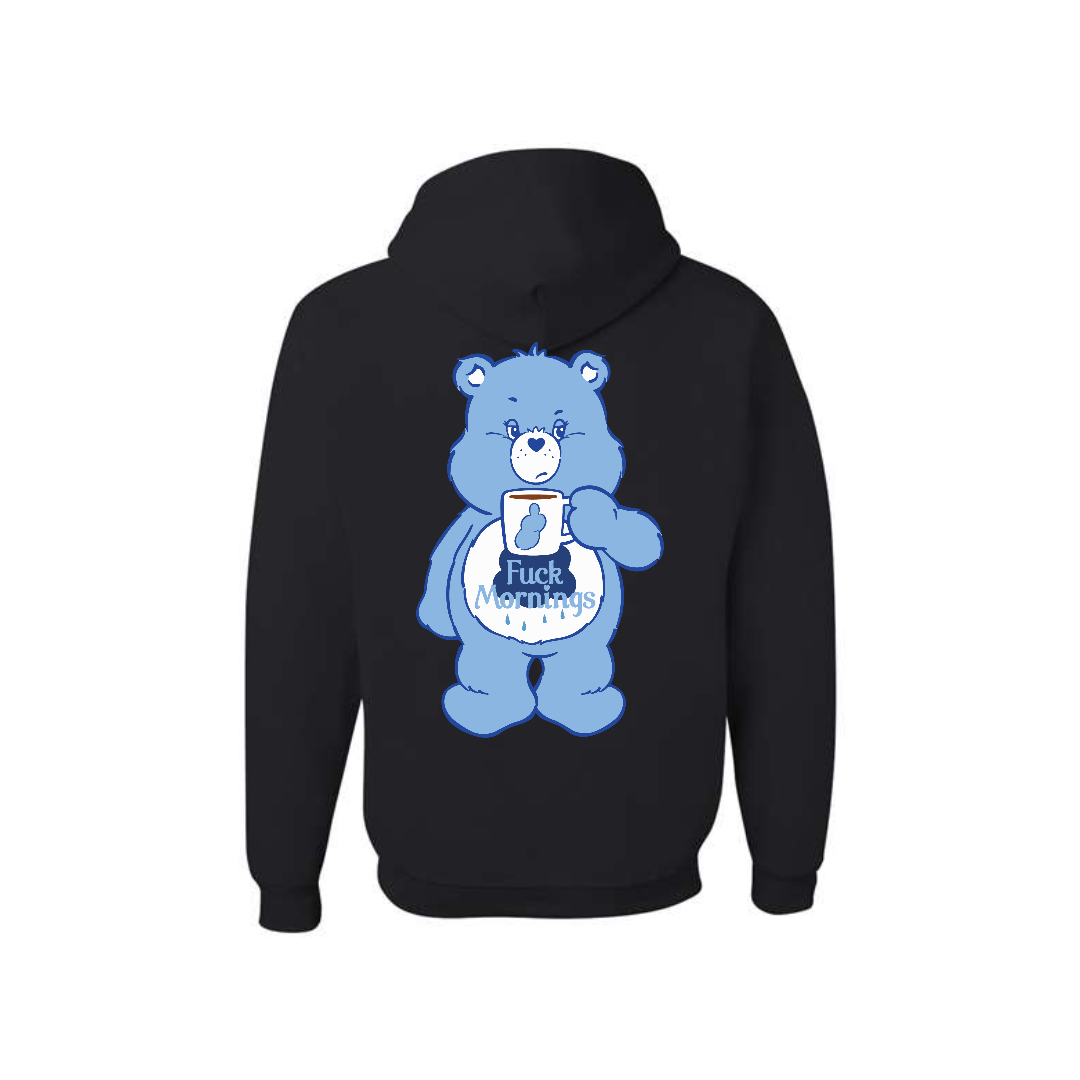 Black Swear Bear Hoodie with "Fuck Mornings"