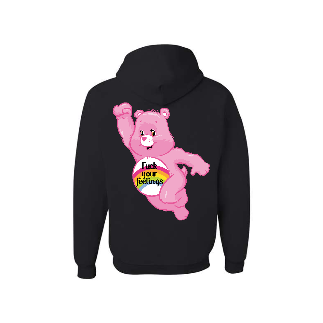 Black Swear Bear Hoodie with "fuck your feelings"