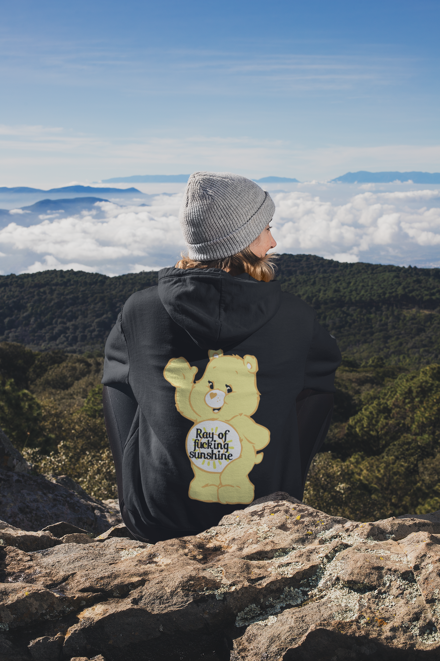 Black Swear Bear Hoodie with "Ray of Fucking Sunshine"