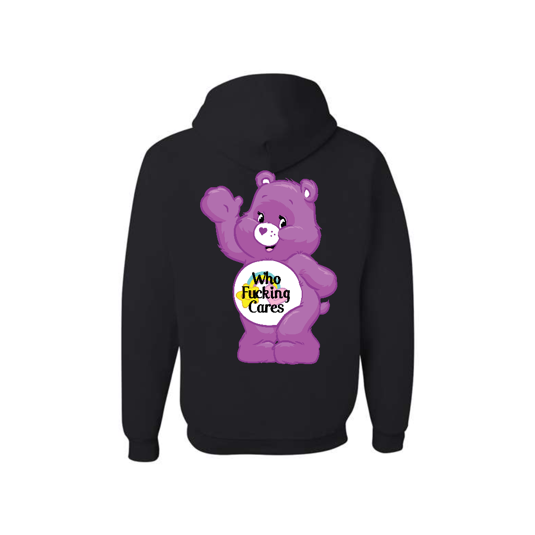 Black Swear Bear Hoodie with "who fucking cares"