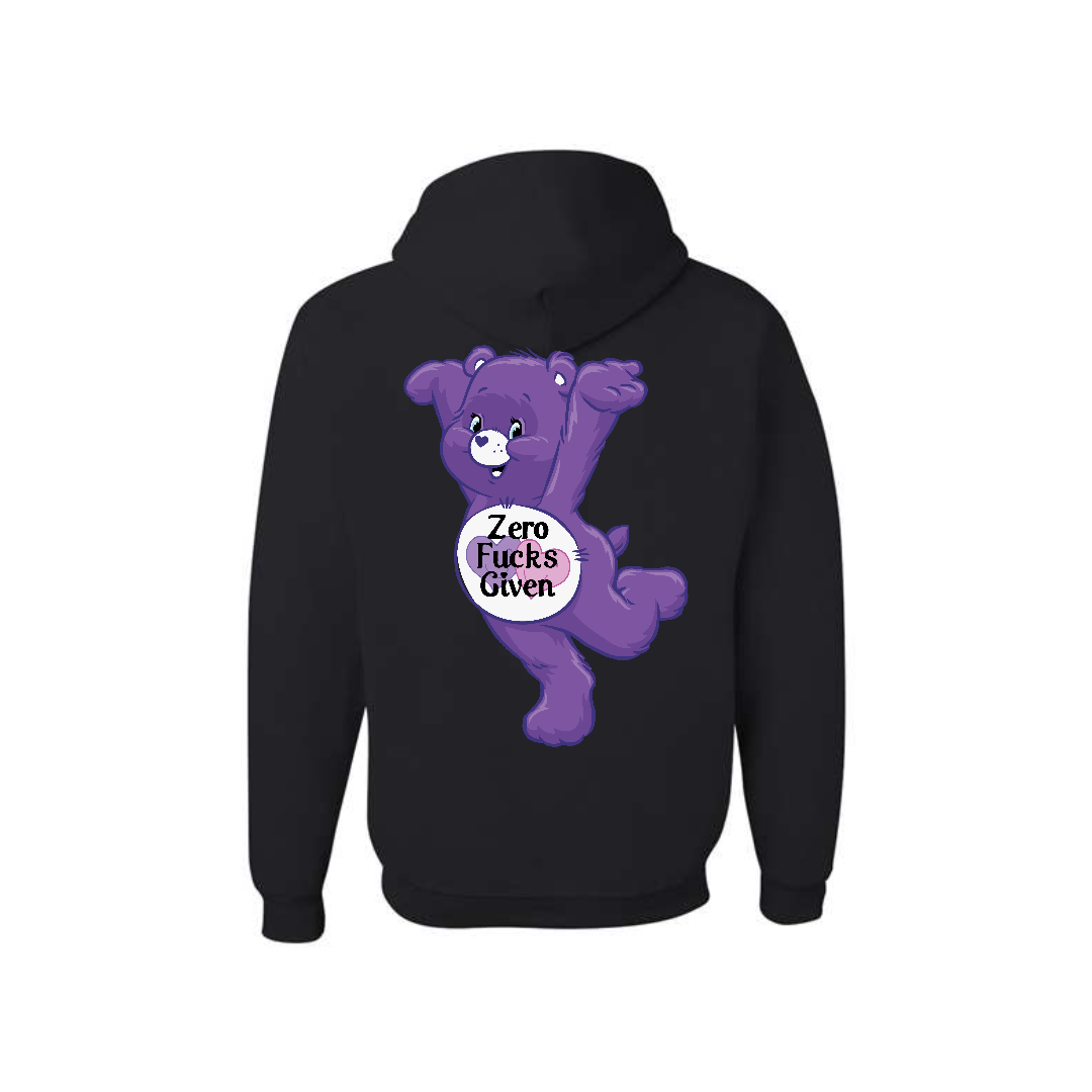 Black Swear Bear Hoodie with "zero fucks given"