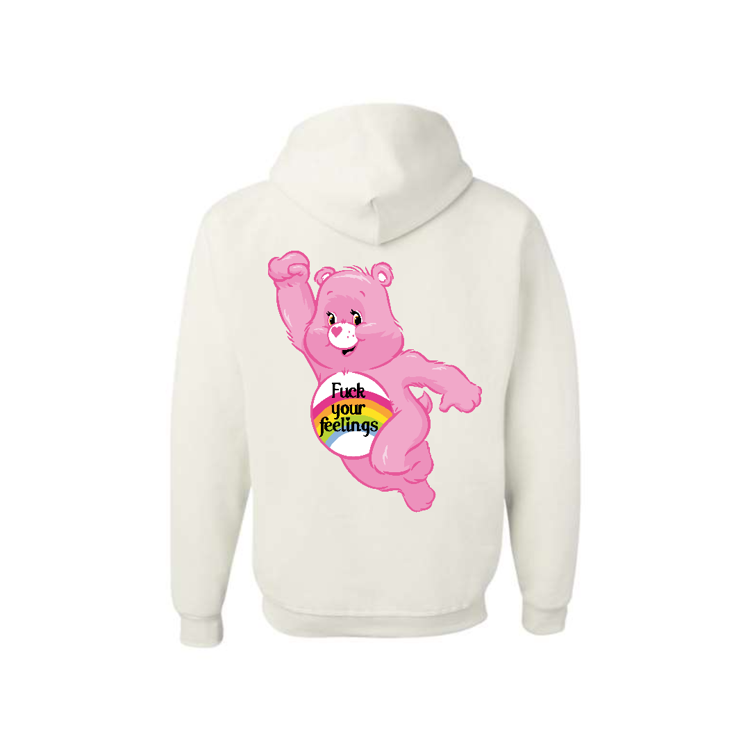 White Swear Bear Hoodie with "Fuck your Feelings"