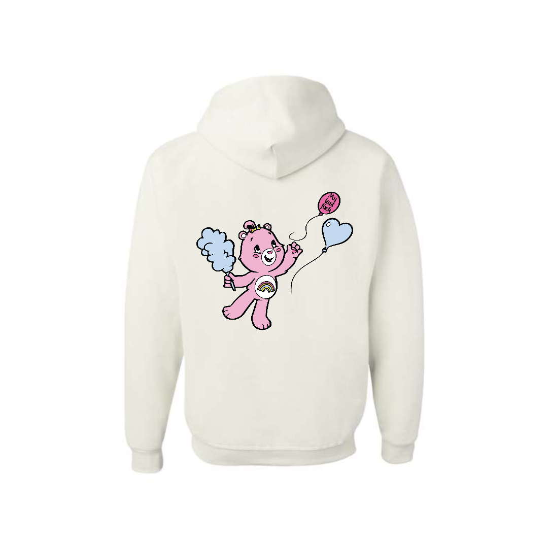 White Swear Bear Hoodie with "My Last Fuck on a balloon"