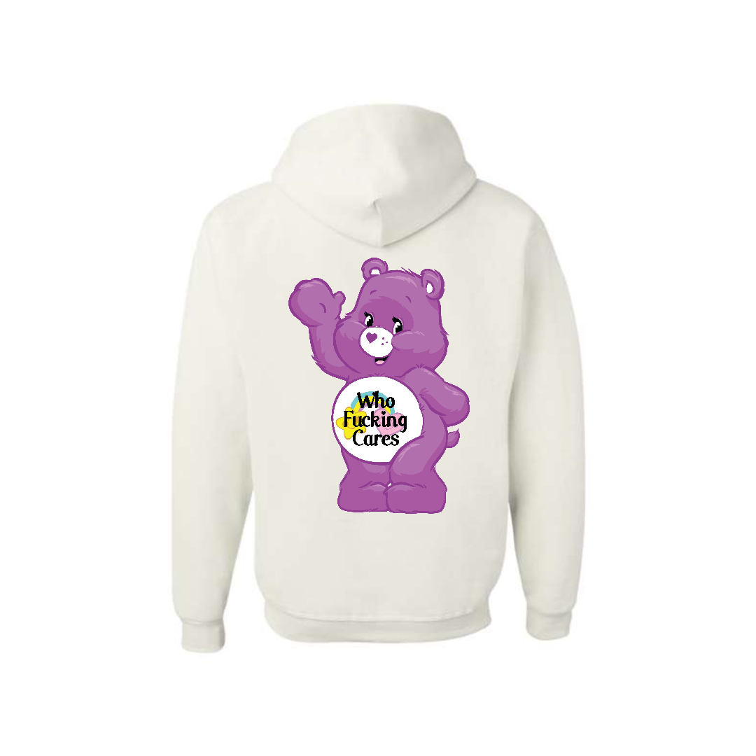 White Swear Bear Hoodie with "who fucking cares"