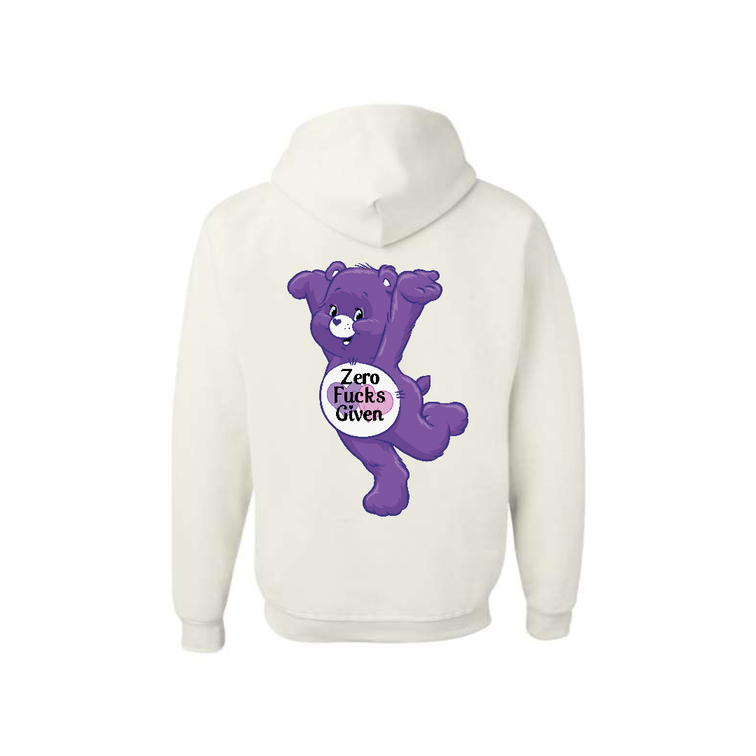 White Swear Bear Hoodie with "Zero fucks given"