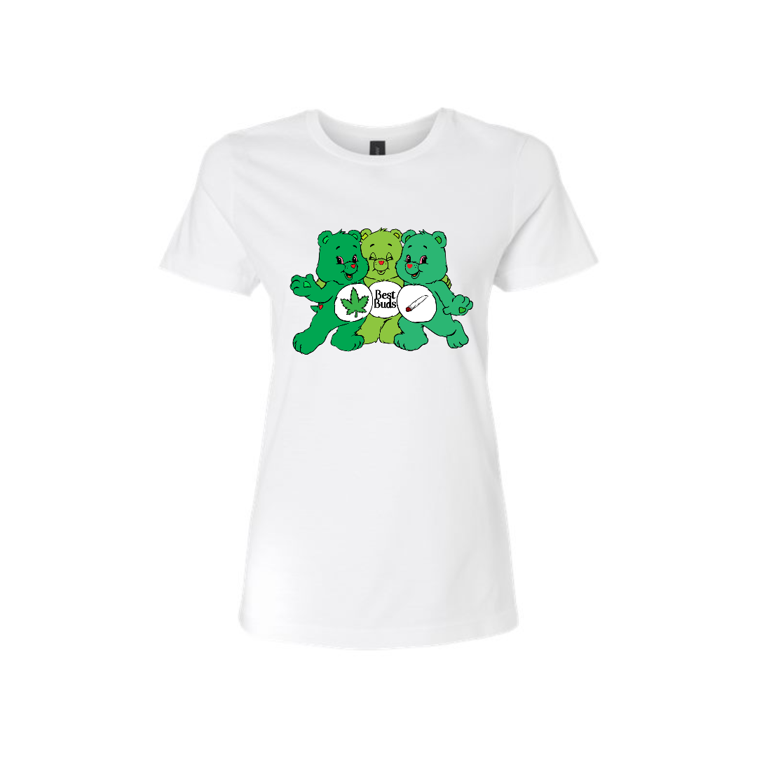 Swear Bear T-Shirt White with a trio of stoner swear bears that says "Best Buds" design