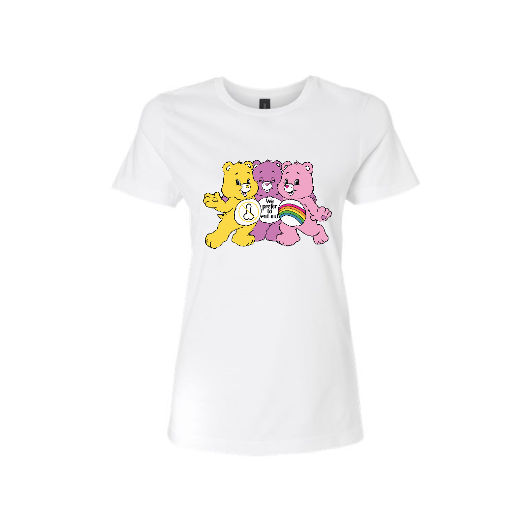 Swear Bear T-Shirt White with a trio of lesbian bears