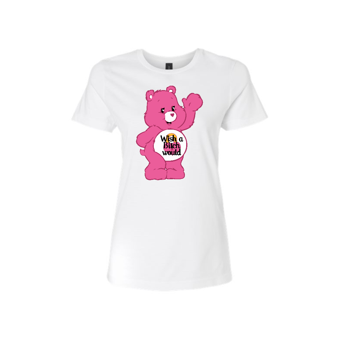 Swear Bear White Graphic T Womens with a wish a bitch would swear bear design