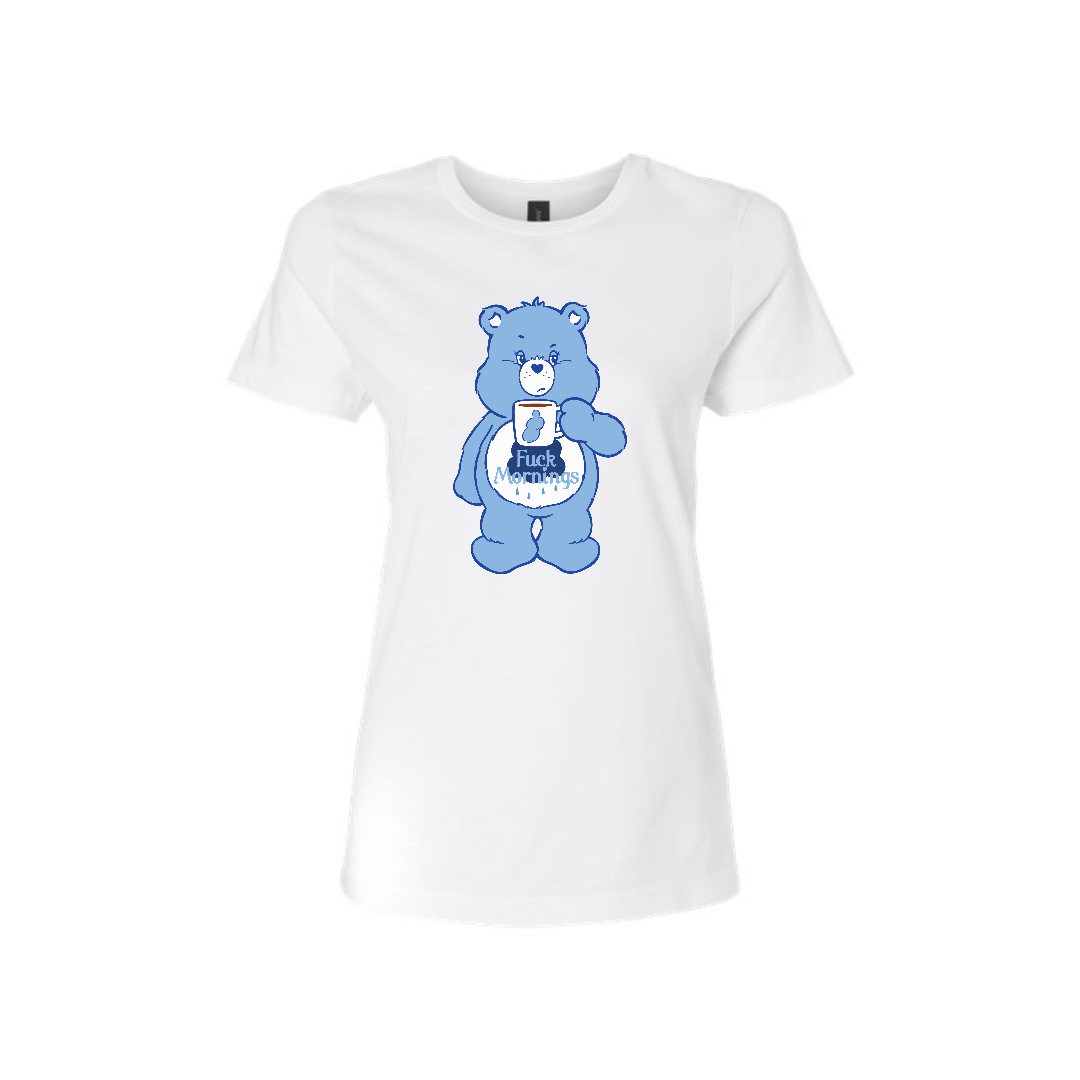 Swear Bear T-Shirt White with a Fuck Mornings Bear drinking a coffee