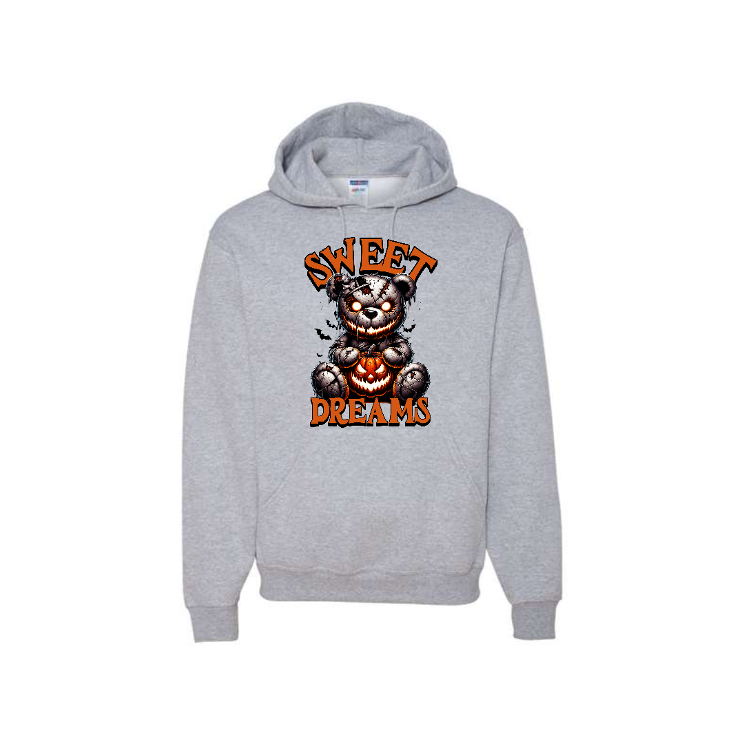 Unisex fit grey cotton-poly fleece hoodie with "Sweet Dreams" horror print.