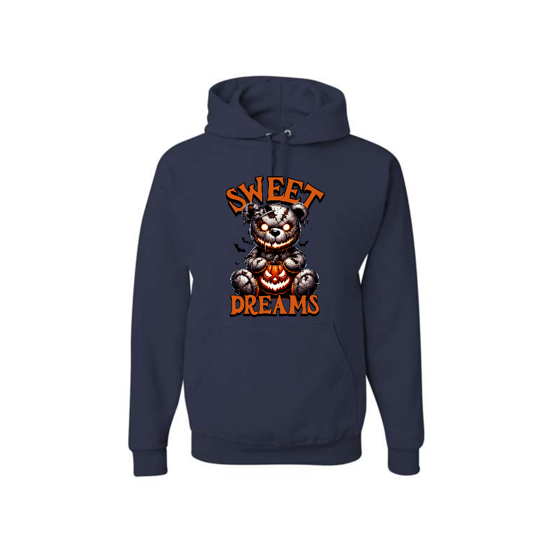 Unisex fit or navy cotton-poly fleece hoodie with "Sweet Dreams" horror print.