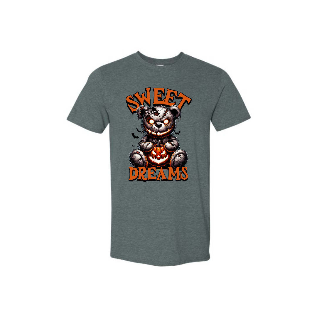 Men's Dark Grey t-shirt featuring the bold Sweet Dreams slogan and creepy bear graphic.