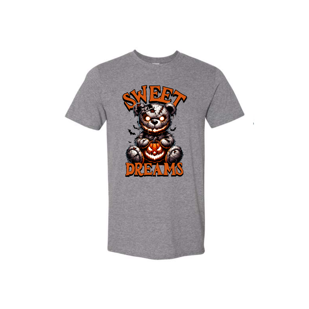 Men's Light Grey t-shirt featuring the bold Sweet Dreams slogan and creepy bear graphic.
