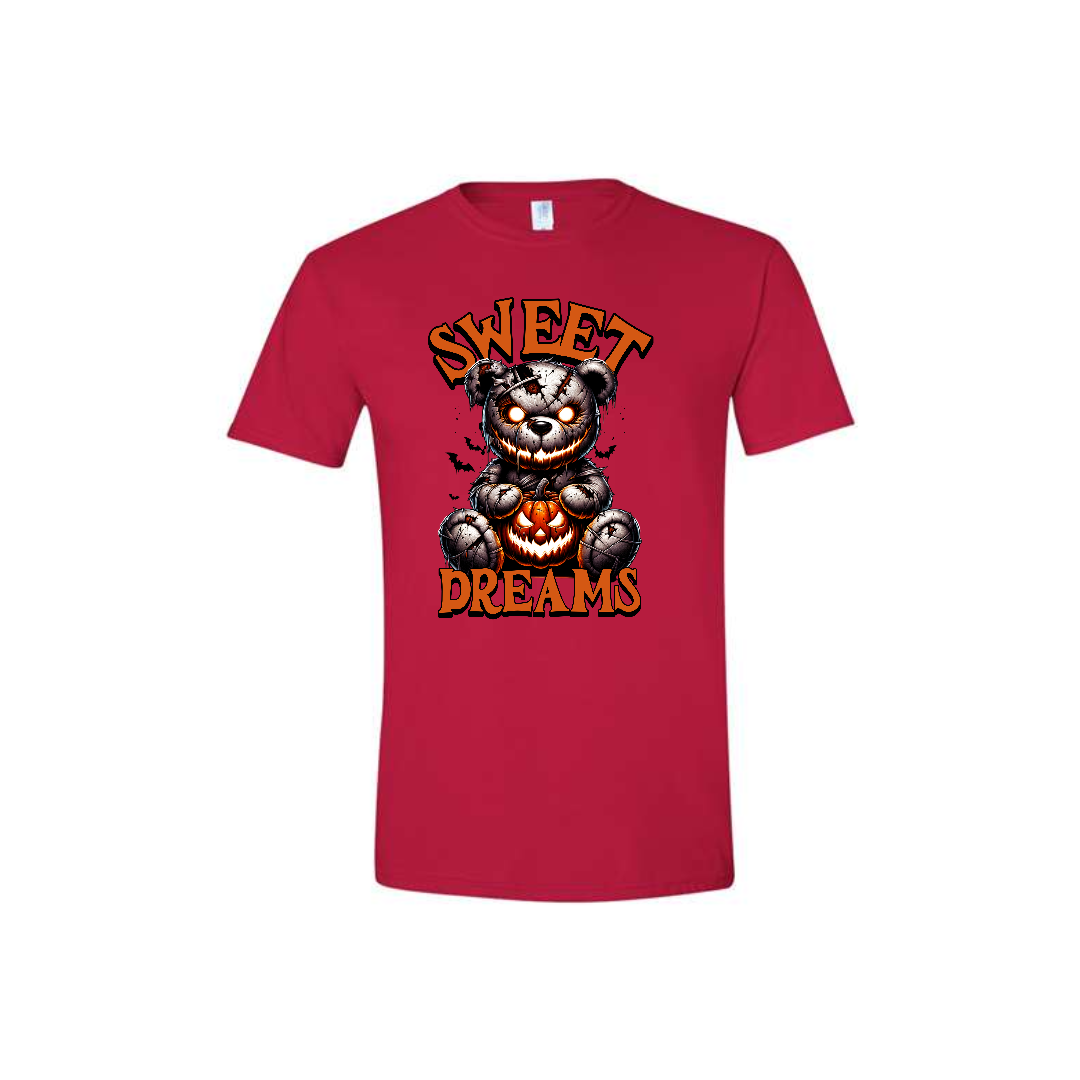 Men's cherry red t-shirt featuring the bold Sweet Dreams slogan and creepy bear graphic.