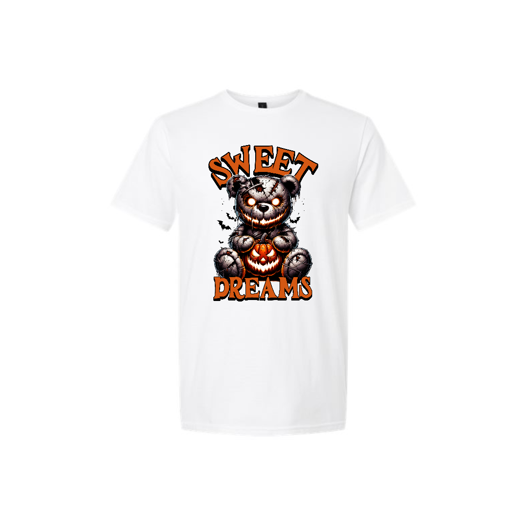 Men's white t-shirt featuring the bold Sweet Dreams slogan and creepy bear graphic.