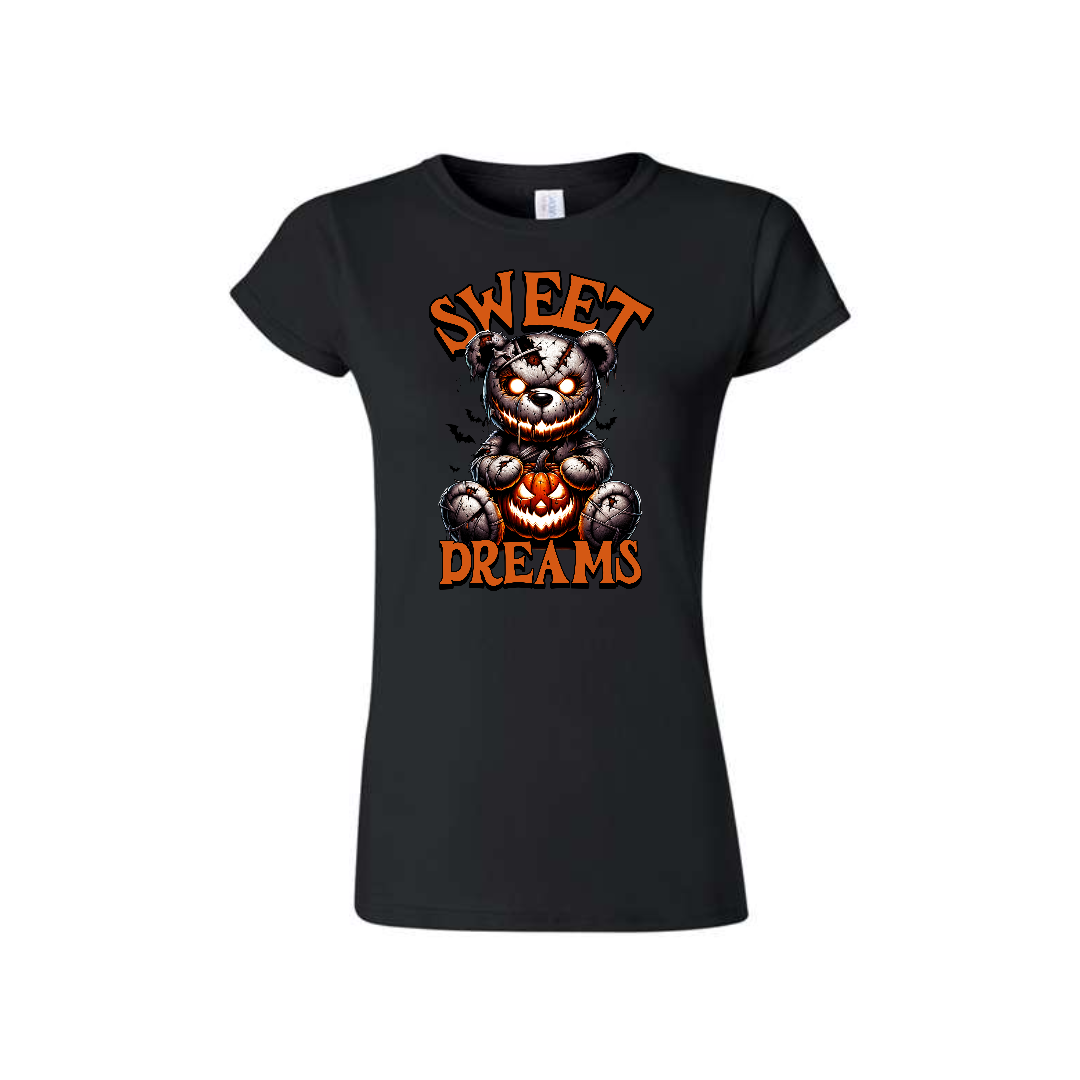 Woman's black t-shirt with Sweet Dreams horror movie slogan and flattering tailored cut.
