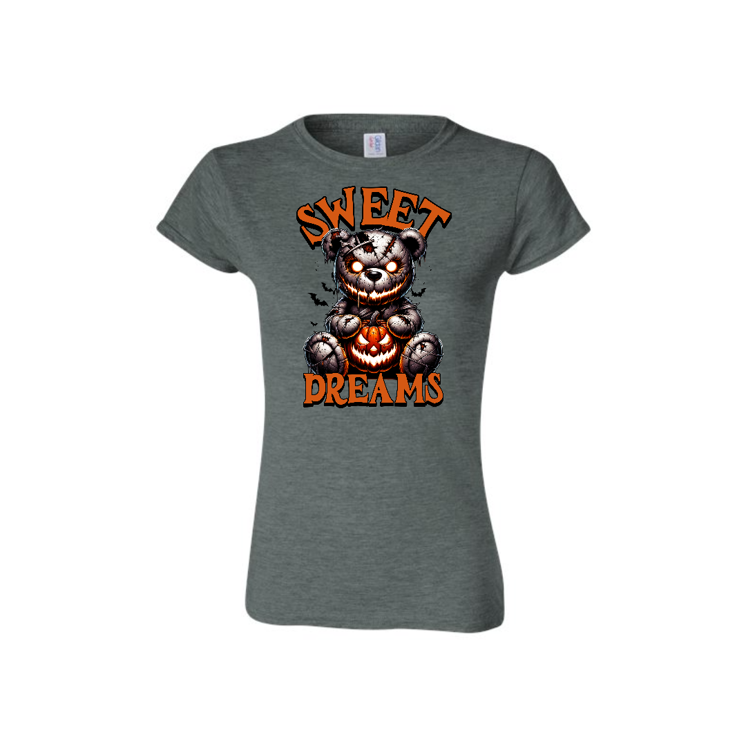 Woman's dark grey t-shirt with Sweet Dreams horror movie slogan and flattering tailored cut.