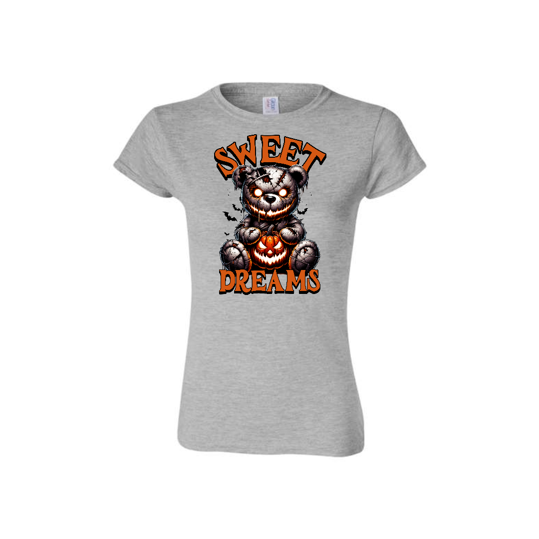 Woman's grey t-shirt with Sweet Dreams horror movie slogan and flattering tailored cut.