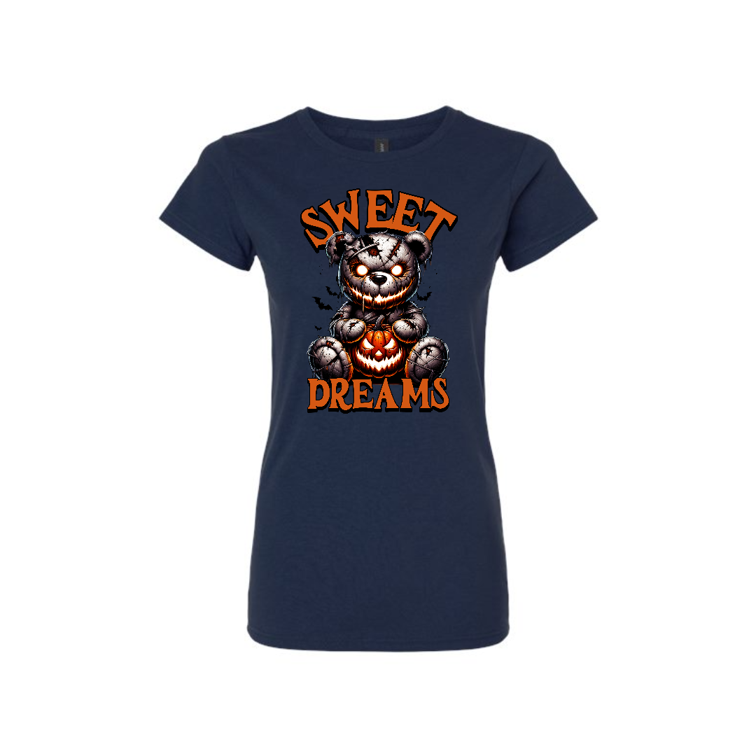 Woman's navy t-shirt with Sweet Dreams horror movie slogan and flattering tailored cut.