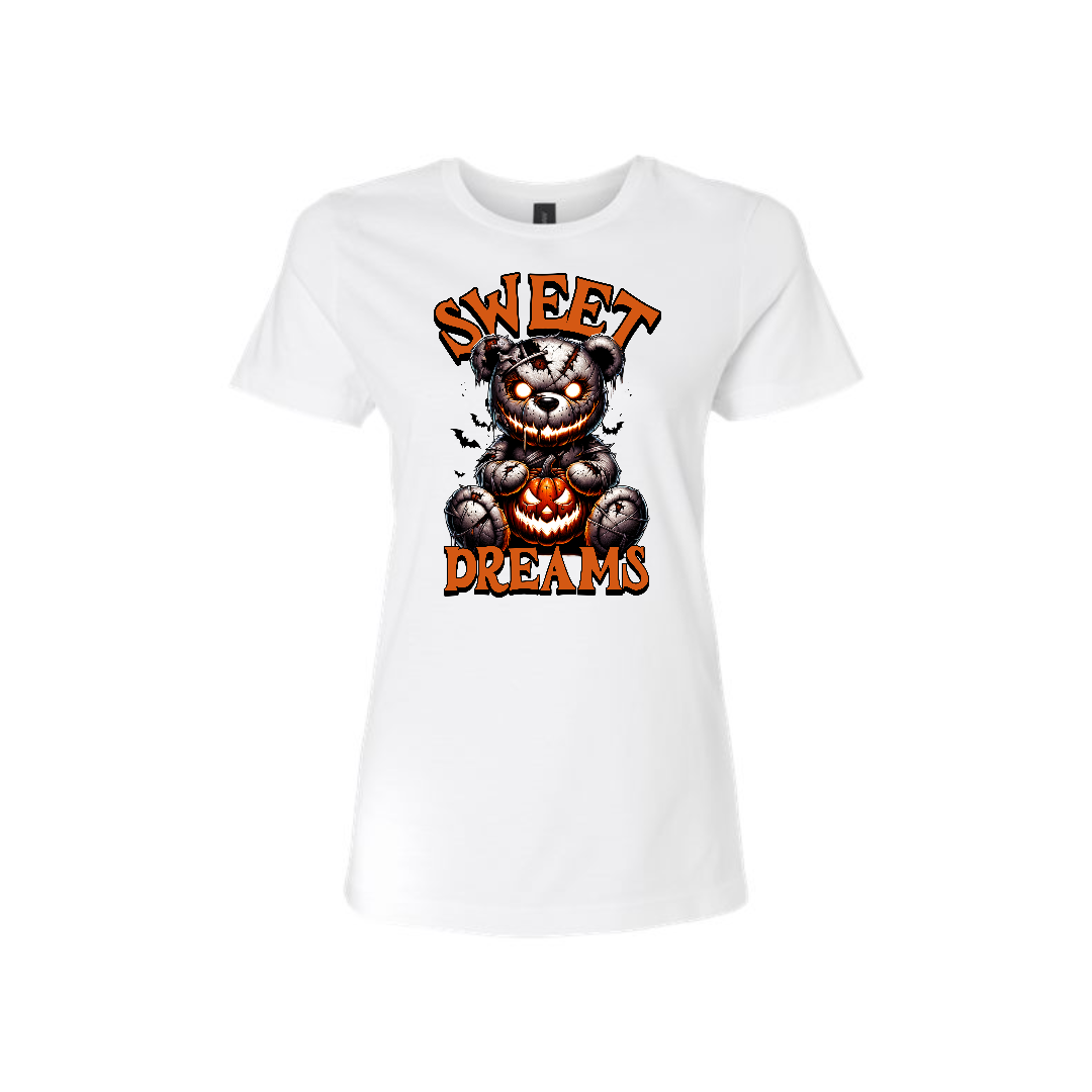 Woman's white t-shirt with Sweet Dreams horror movie slogan and flattering tailored cut.