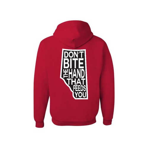 Red hoodie featuring the Alberta “Don’t Bite the Hand That Feeds You” design in bold white print.