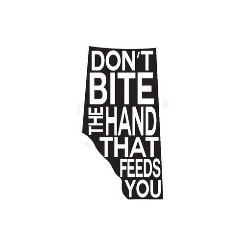 Sticker with the slogan “Don’t Bite The Hand” in bold, high‑contrast lettering over an Alberta‑themed design, UV‑printed on durable vinyl for indoor and outdoor use.