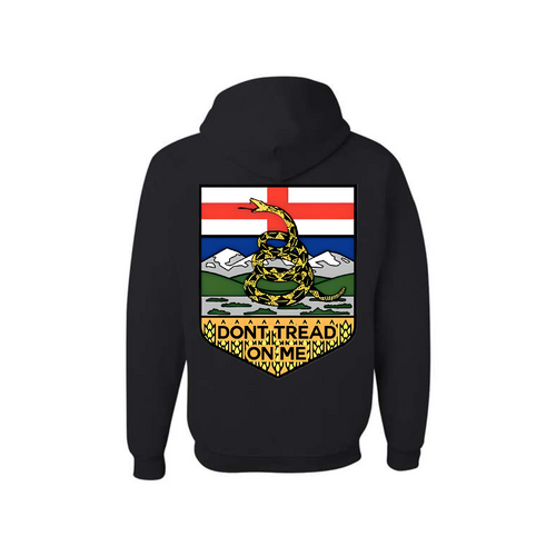 Black graphic hoodie with the Alberta “Don’t Tread On Me” slogan printed on the bottom.