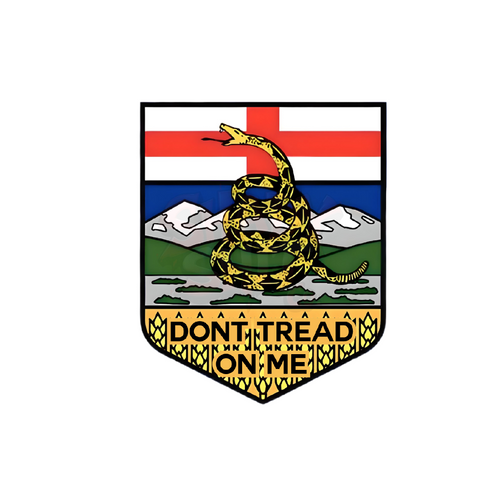Sticker featuring the Alberta provincial flag with the “Don’t Tread On Me” slogan in bold, high‑contrast detail, UV‑printed on durable vinyl for indoor and outdoor use.