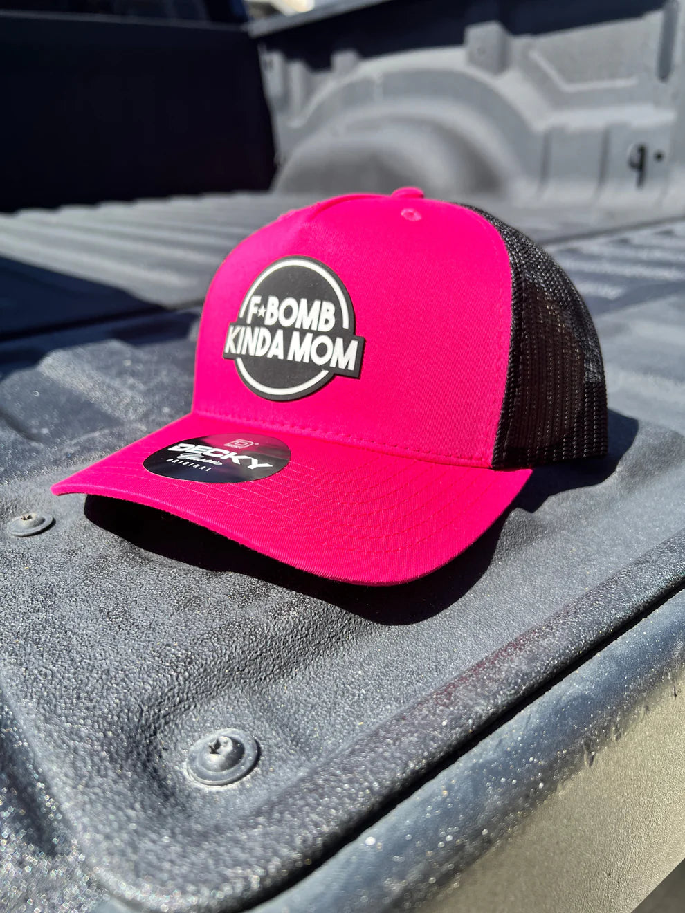 F-Bomb Kinda Mom Trucker Hat with laser-engraved patch and curved brim