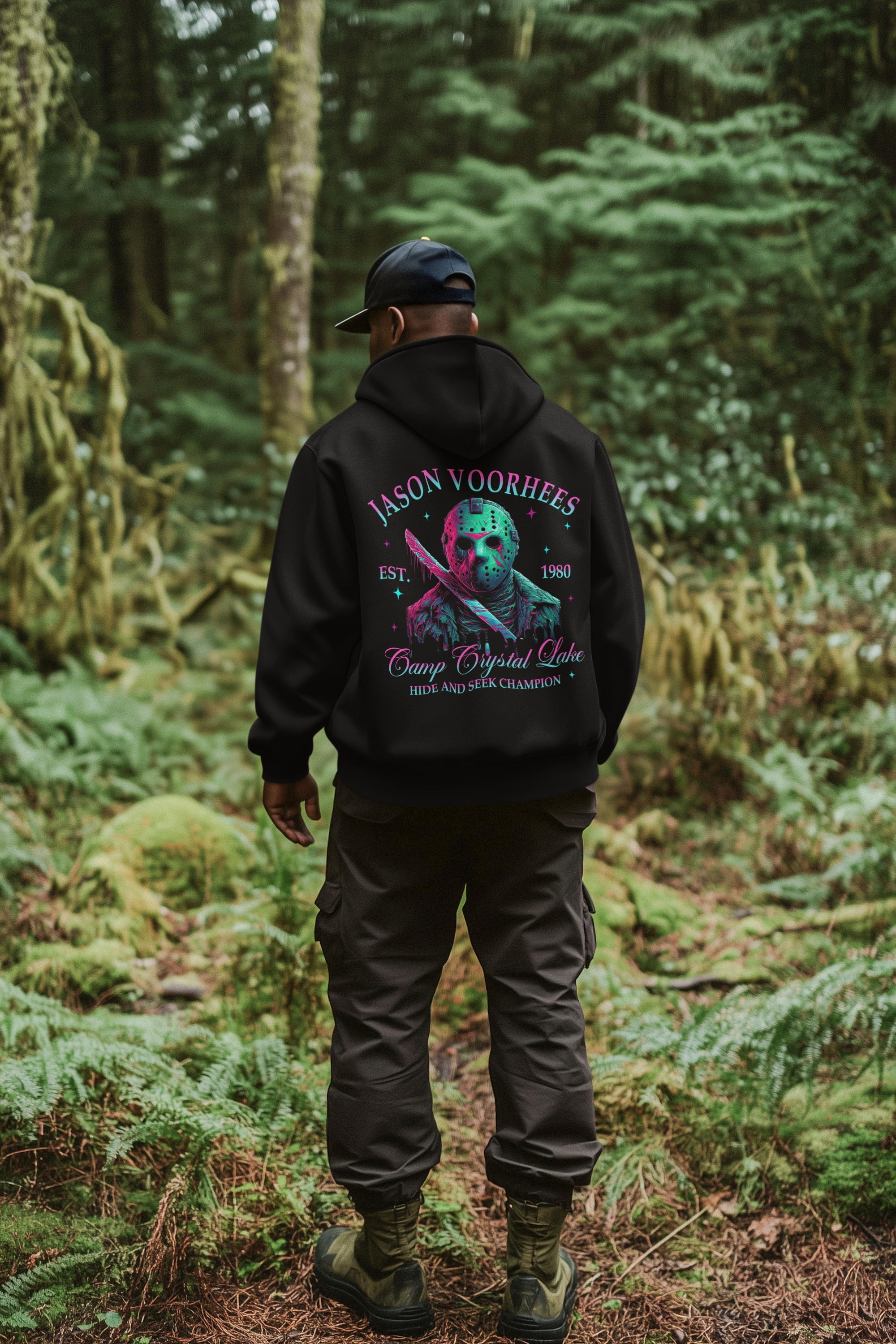 Model wearing the black Jason Neon Graphic Hoodie to demonstrate the comfortable, relaxed unisex fit.	