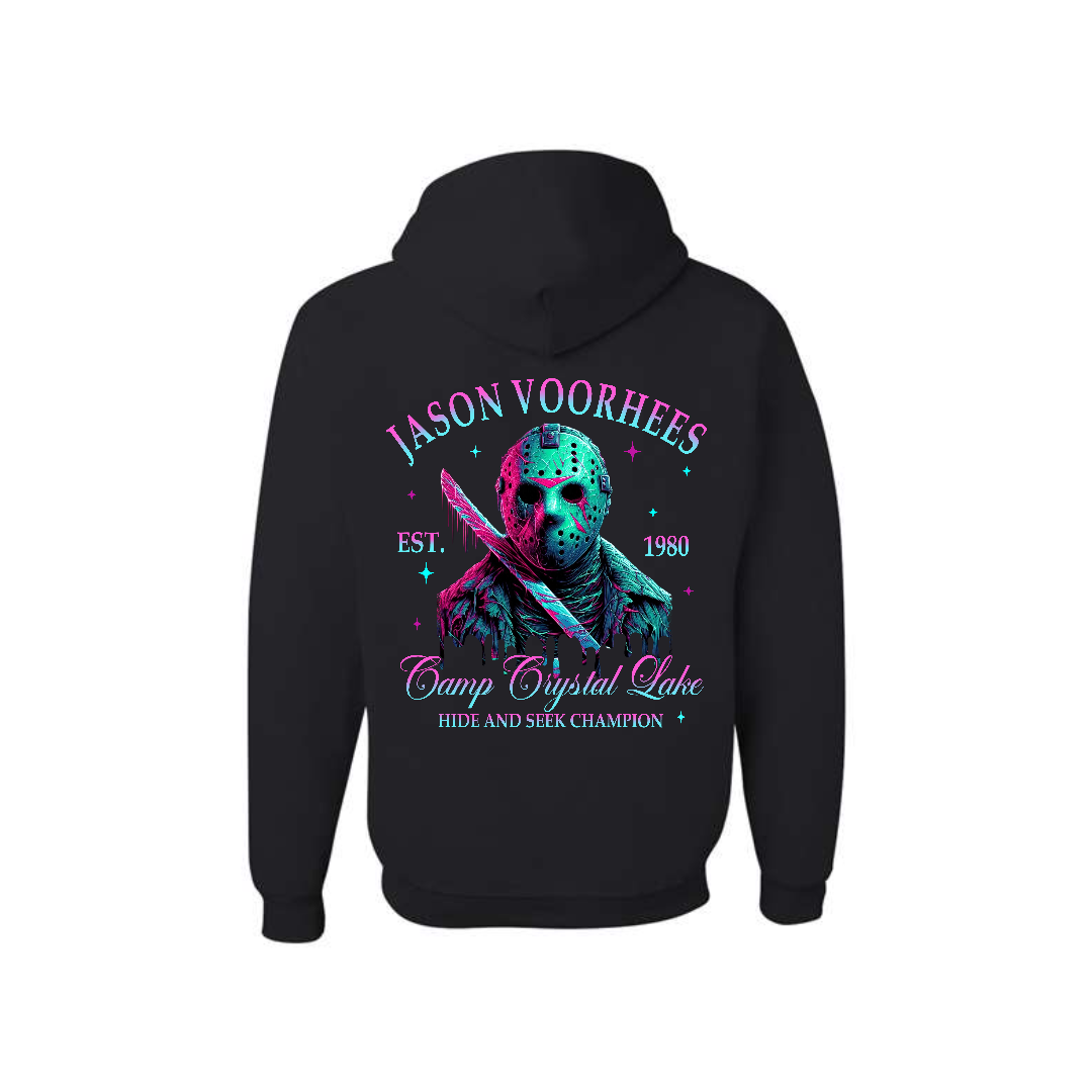 Black pullover hoodie with a large, bright neon-style graphic of Jason Voorhees' hockey mask and the "Friday the 13th" logo on the back.	