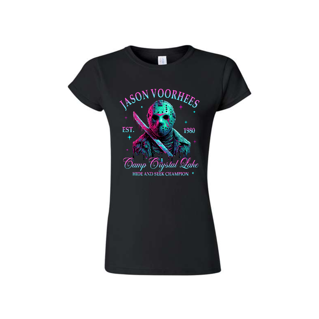 Women's black t-shirt featuring a bold, neon-style graphic of Jason Voorhees' hockey mask and the "Friday the 13th" logo.	